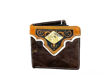 Western Short Wallet Men Horse Tooled Tan Coffee Orange Leather Bifold 4x3 • $19.99