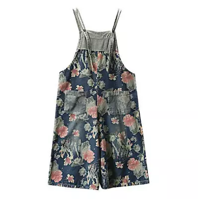 Women's Floral Printed Loose Denim Suspender Trousers Pants Jeans Overalls Retro • $33.83