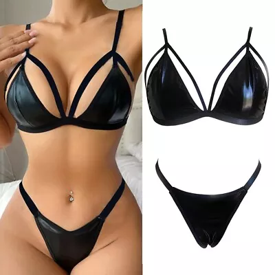 Exotic Lingerie Sets Women PU Leather Bra Thong Erotic Underwear Clubwear • $26.71