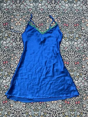 £0.99 • Buy Zara XS Cobalt Blue Silky Satin Dress Green Lace Trim Worn Once
