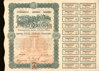 Compania De Las Minas De Oro Y Plata La Preciosa - Mexican Stocks & Bonds • $95