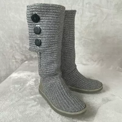 UGG Cardy Women's Knit Boots Size 8 Gray Wool Knee High Button Sheepskin • $23.99