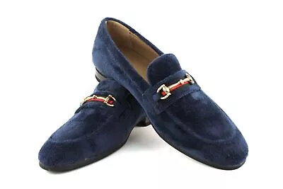 Men's Navy Blue Velvet  Slip On Gold Buckle Dress Shoes Loafers Formal AZARMAN • $34.95