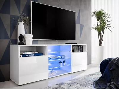 Cabinet Media Center TV Stand Entertainment Furniture Modern White Shelf LED T38 • £189.99