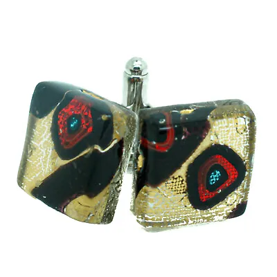 Murano Glass Cufflinks Gold Red Black Millefiori Venice Square Wedding • £14.95