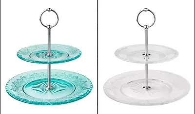 Pioneer Woman 2 Tiered Dessert Server Cassie Embossed Glass Teal Or Clear U Pick • $29.99