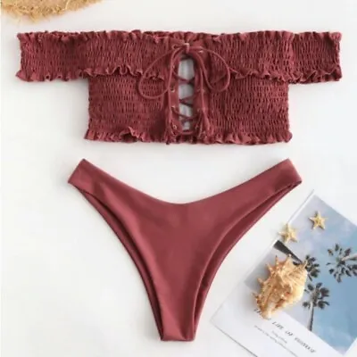 Zaful Mahogany Shirred Lace Up Bardot Cheeky Bikini Set Size M • $19