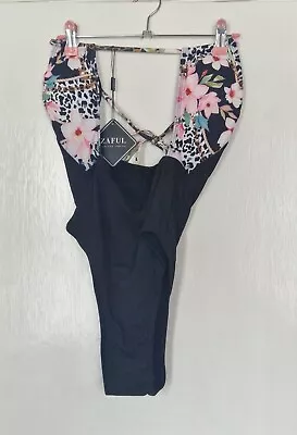 ZAFUL Ribbed Floral Mix Leopard Cutout One-piece Swimsuit - Black M • £16