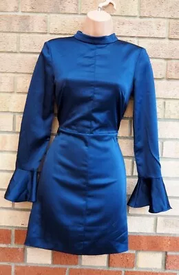 £24.99 • Buy Zara Navy Blue Satin Flare Long Sleeve Backless Bodycon Party Mini Dress 4 Xxs