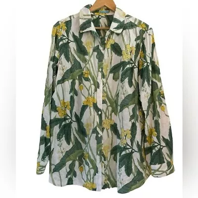 J. McLaughlin Lois Button Up Shirt In White/Green/Yellow Lily Frond Pattern -XL • $34.99