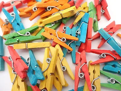 75 X  COLOURED SMALL WOODEN CRAFT MINI PEGS - CARD MAKING KIDS CRAFT PHOTO CLIPS • £4.95