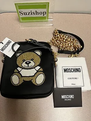 Moschino Beaded Teddy Bear Black Gold Satin Crossbody Bag NWT • $625