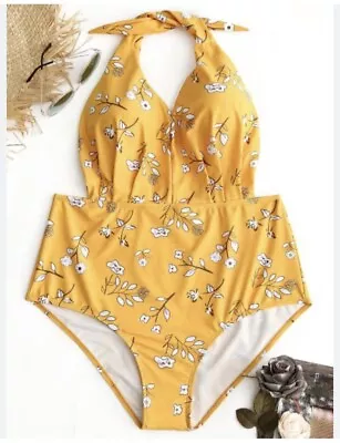 $11.21 • Buy Zaful Halter Floral Yellow Plus Size Swimwear Women’s Size 16