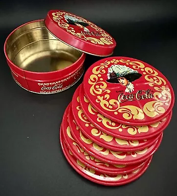 Vintage 1990’s Coca Cola Coaster Set Of 6 Coasters Cork Bottom In Tin • $12.50