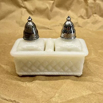 Vintage Imperial Milk Glass Cube Mini Salt & Pepper Shakers In Holder • $8