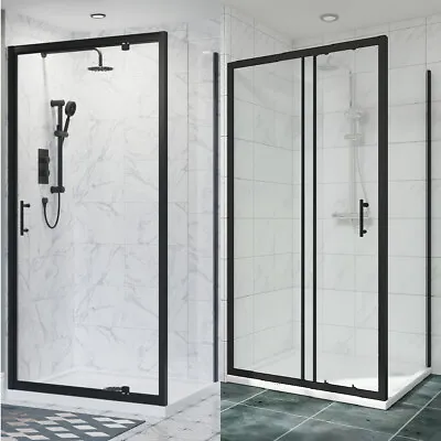 Matt Black Sliding/Pivot Shower Door Tray Walk In Enclosure Glass Screen Cubicle • £288.99