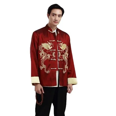 Men Chinese Clothing Tang Suit Coat Oriental Kung Fu Tai Chi Jacket Dragon Print • £27.59
