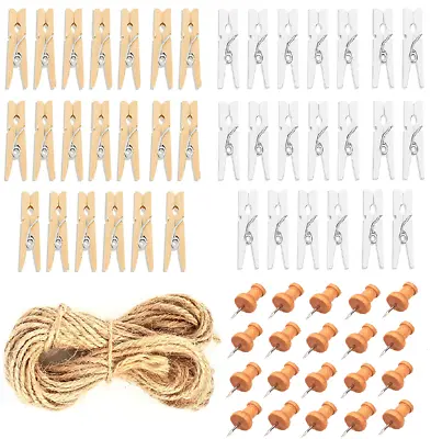 120 Mini Wooden Pegs And Wood Push Pins + 2M Jute String Photo Hanging SET Uk • £19.99