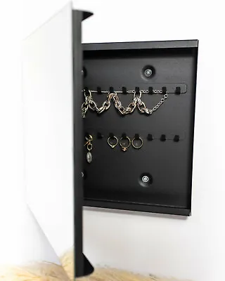 Jewellery Box With Mirror BLACK Steel Key Box Cabinet 32 Key Rack Holder • £60