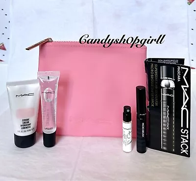 5PC MAC Makeup Set/Pouch/Lipglass/Strobe Cream/Setting Spray/Superstack Mascara • $29.99