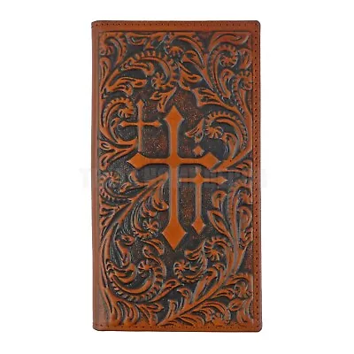 Western Men's Rodeo Wallet Bi-Fold Genuine Brown Leather Tooled Crosses Leaf  • $35.95