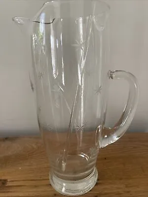 Vintage MCM Atomic Starburst Etched Glass Cocktail Pitcher 9.25” • $40