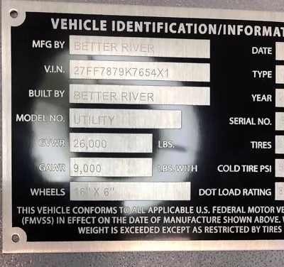 Serial Number Car Hauler Semi Trailer Special ID Tag Plate Model Custom Engraved • $55