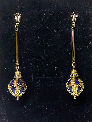 Art Nouveau Art Deco Gold Navy Ornate Ball Drop Stud Earrings • $24.99
