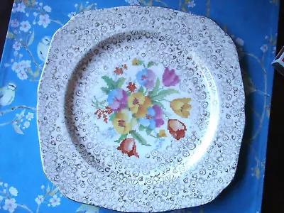 English H&K Tunstall 1930s  Chintz/Sampler 10in Square Cake Plate • $20