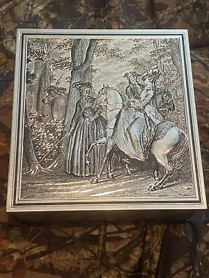 8.5x9.5” Vintage Silver Embossed 18th Century Horse Riding Scene Tin Box • $14.95