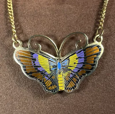 Vintage Colorful Butterfly Pendant Necklace Gold Tone 18”  • $9.80