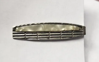 Vintage TIE BAR CLIP CLASP STAY Silver Tone Silvery Mother Of Pearl Mid Century • $10.99