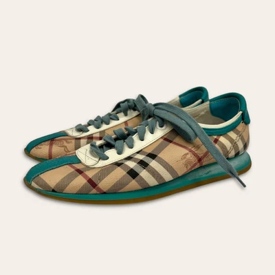 £25 • Buy Womens BURBERRY Beige Aqua Green Nova Check Leather Trainers 37.5 UK4.5 S38