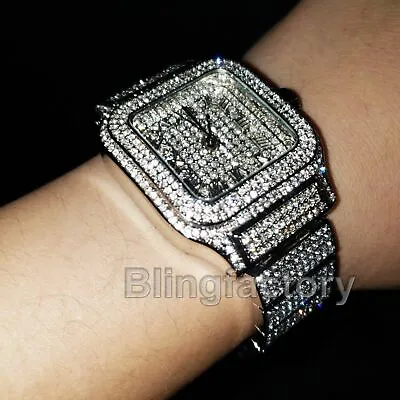 Men's Luxury Iced White Gold Plated Square Lab Diamond Bracelet Metal Band Watch • $31.49