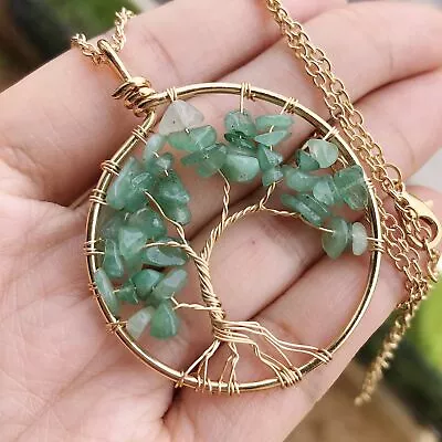 Aventurine Gem Tree Of Life Water-Drop Necklace Chakra Reiki Healing Amulet • $0.06