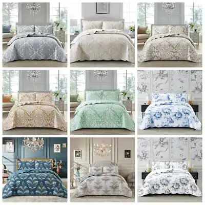 Printed 3 Piece Quilted Bedspread Comforter Bed Throw Bedding And Pillow Sham • £21.59