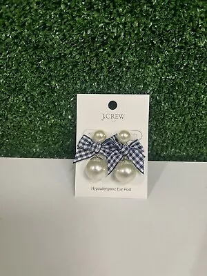 J Crew Blue Checkered Bow Pearl Earrings NWT Brand New • $32