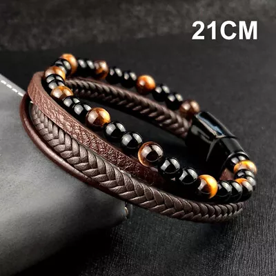 Mens Leather Bracelet Braided Leather With Stainless Steel Clasp Brown Jewellery • £4.89