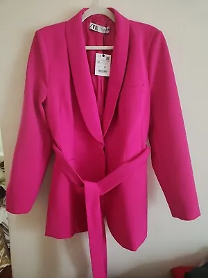 ZARA Tuxedo Collar Blazer With Belt  Neon Fuschia Sz: S NWT • £160.54