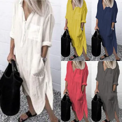 £12.99 • Buy Womens Cotton Linen Maxi Dress Ladies Loose Baggy Long Sleeve Kaftan Shirt Dress