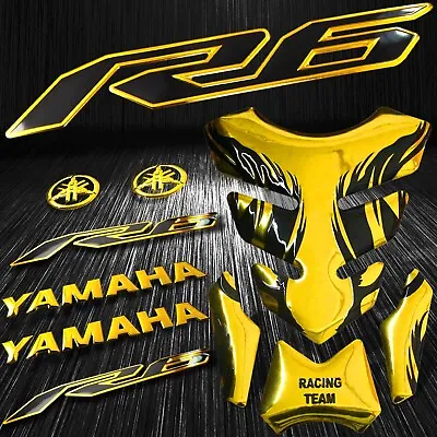 Chrome Gold Tribal Fire Gas/Fuel Tank Pad+3D 6 Logo+YZF-R6 2-Tone Emblem Sticker • $26.77