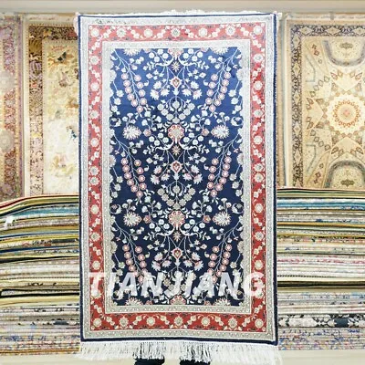 2.5x4ft Blue Handmade Prayer Carpets Classic All Over Pattern Silk Rugs YJH090B • $666
