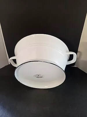 ❤️ Vintage White Black Trim Enamelware  Round 2 Handle Pan Pot Round 1  Base • $19.50