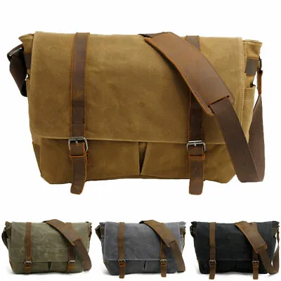 Mens Canvas Leather Shoulder Messenger Bag Vintage Military Satchel Briefcase  • £42.83