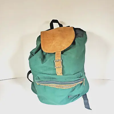 $45 • Buy Vintage Jansport Canvas Backpack Hiking Camping Green Leather Suede Flap