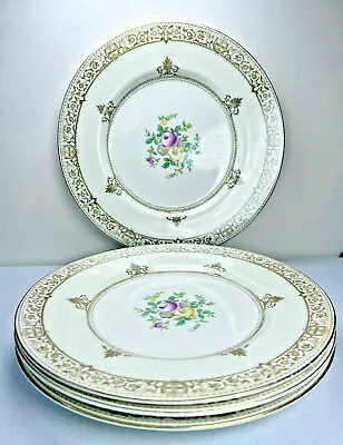 Antique Mintons Dinner Plates SET Of 4 Pink Yellow Flowers Gold ENGLAND 10 5/8”  • $118.29
