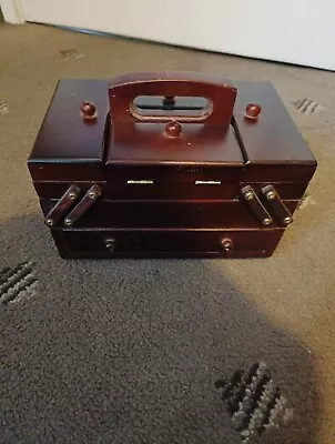 Small Vintage Cantilever Wooden Sewing Box In Good Working Order  7 Compartments • £15