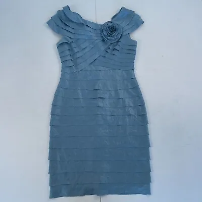 London Times Dress 14 Blue Sleeveless Round Neck Knee Length Lined Ruffle • £8