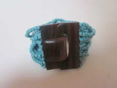 Vintage Wood & Turquoise Beads Wide 7-1/2  Bracelet  • $8