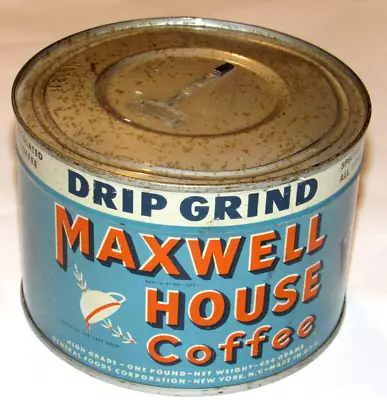 VINTAGE UNOPENED MAXWELL HOUSE COFFEE IN METAL CAN! 1940s PATENT! OPENS WITH KEY • $84.99